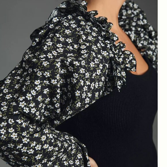 NWT Anthropologie Woven Ruffle Sleeve Sweater - Black Floral - Small - Picture 11 of 11